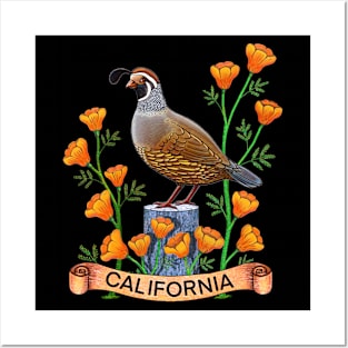 California quail state bird Californian poppy flowers Posters and Art